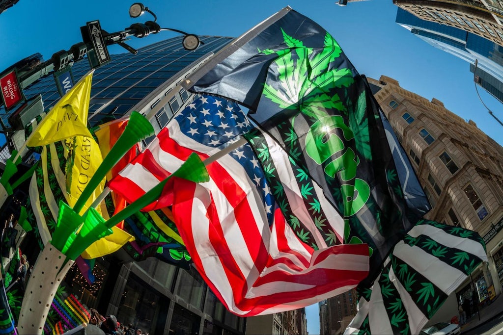 Advocates for marijuana march in New York at the annual NYC Cannabis Parade, New York NY USA-May 1, 2021