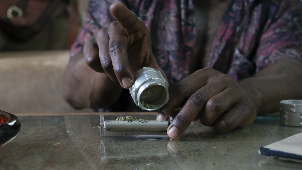 Homem enrola um baseado com máquina de enrolar cigarros.